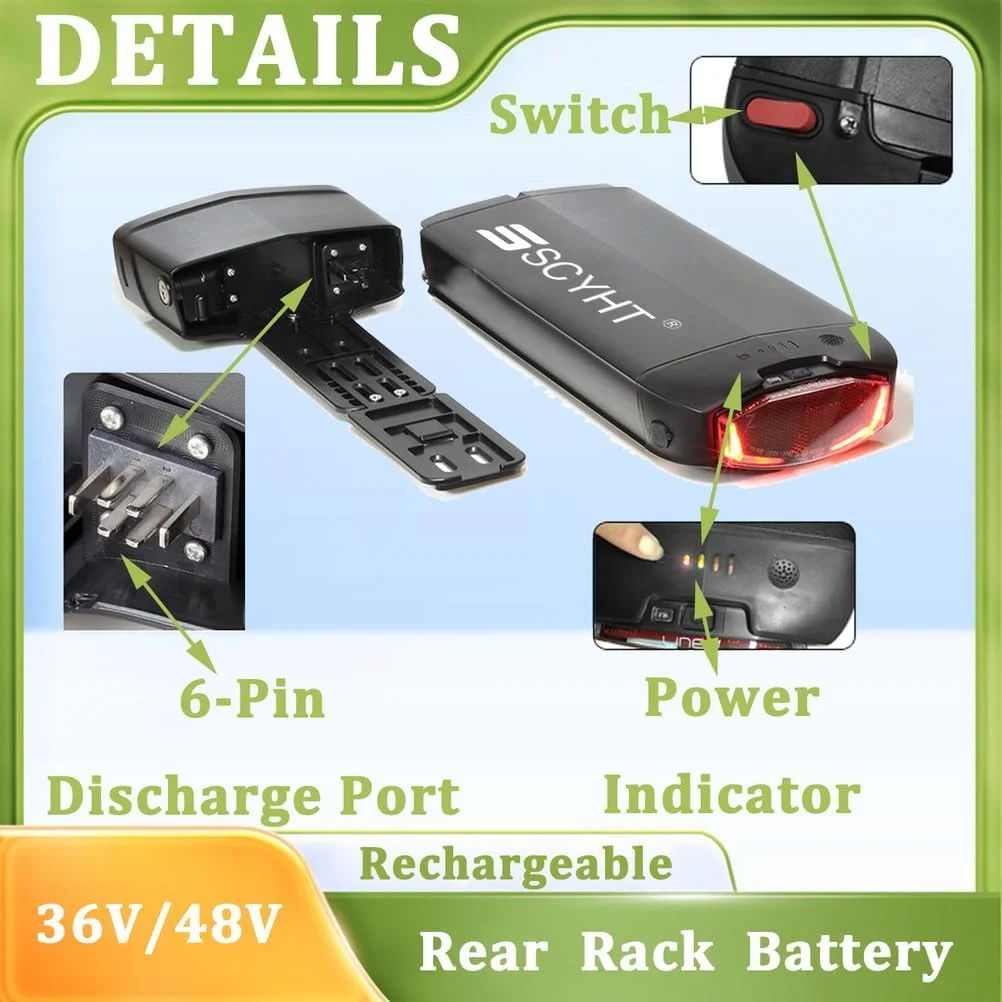 باتری لیتیومی 48 ولت 10 آمپر ساعت، 17.5 آمپر ساعت، 16 آمپر ساعت، 15 آمپر ساعت، باتری قابل شارژ 12 آمپر ساعت، باتری های لیتیوم یونی 36 ولت، باتری های قفسه عقب به همراه شارژر و براکت برای موتورهای 250 وات - 850 وات