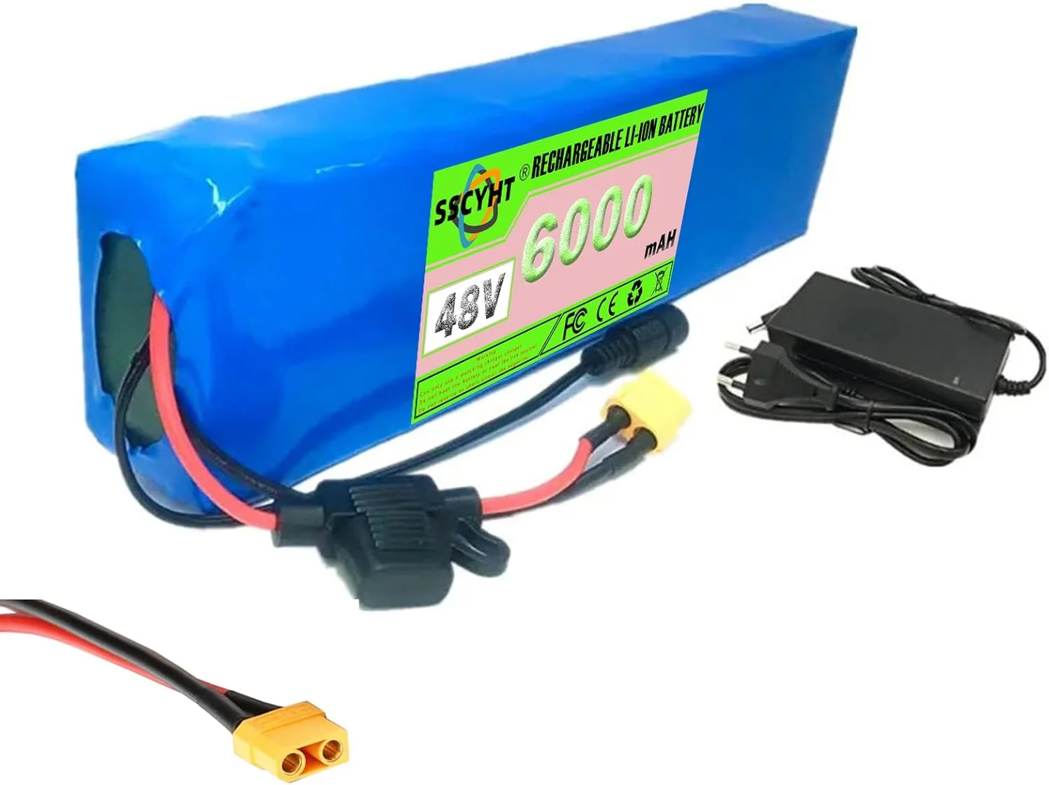 بسته باتری لیتیومی 48 ولت 6 آمپر ساعت 13S2P برای موتور دوچرخه برقی 250 وات 300 وات، باتری ضدآب PVC جایگزین باتری دوچرخه برقی به همراه شارژر