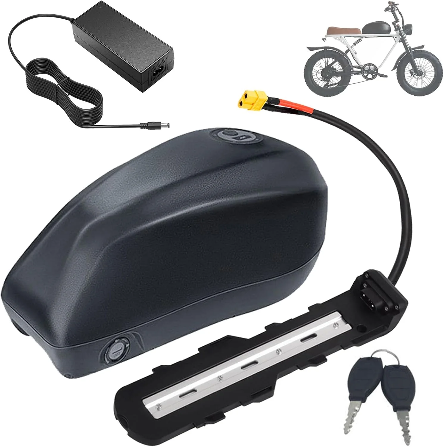 باتری لیتیوم-یونی 48 ولت 20 آمپر ساعت 18 آمپر ساعت 25 آمپر ساعت 15 آمپر ساعت، باتری جایگزین 52 ولت، باتری های لوله پایین 48 ولت برای موتورهای 250 وات - 1600 وات به همراه شارژر و پورت 6 هسته