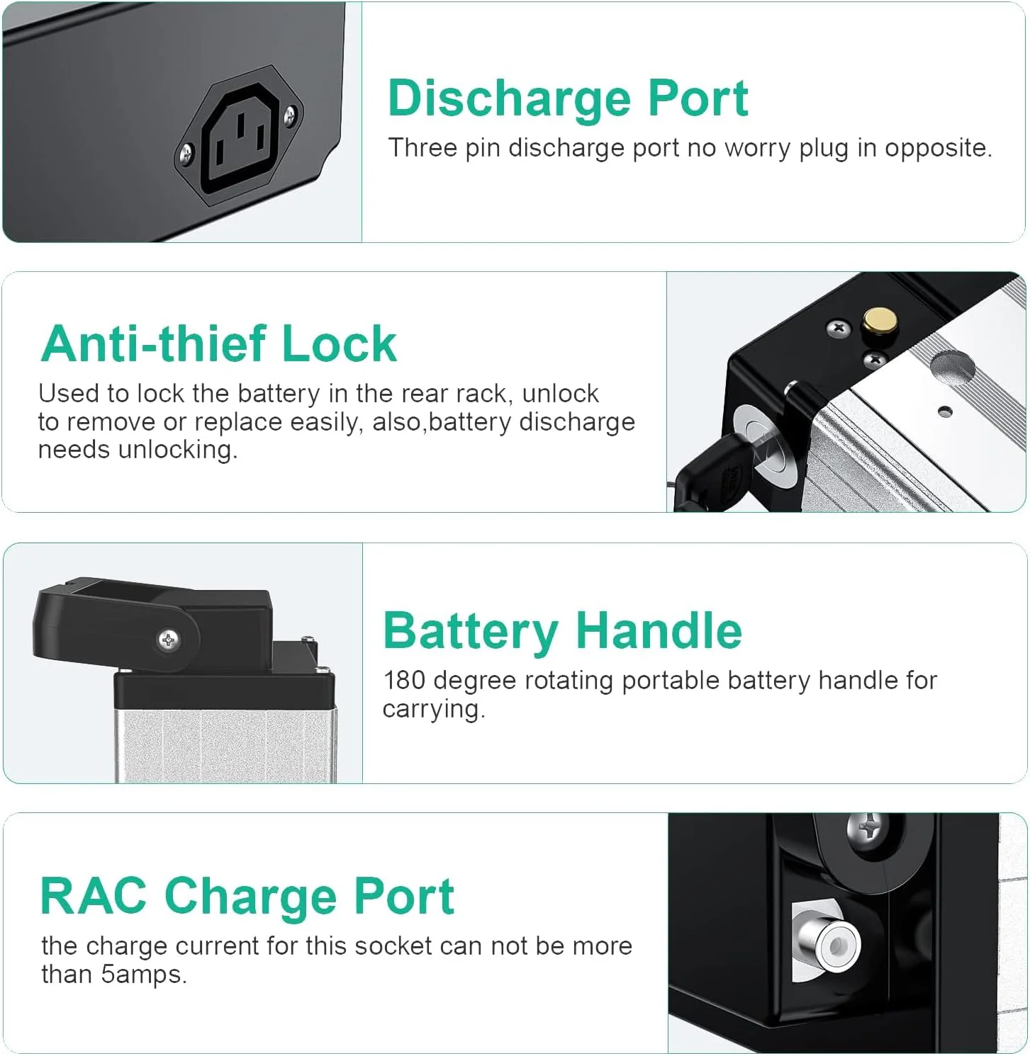 باطری لیتیومی 48V/36V 10AH 12AH 15AH 18AH برای دوچرخه برقی با قفسه عقب، باطری اسکوتر برقی 36V 20AH 23.2AH و باطری لیتیومی 48V 20.4AH