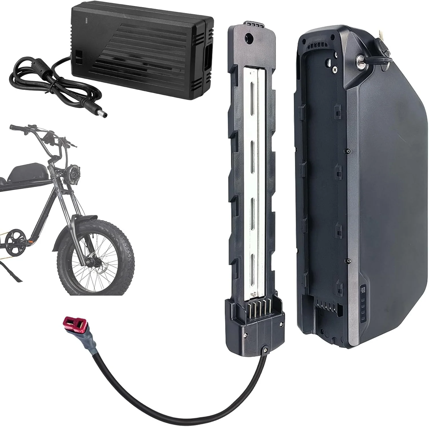 باتری لیتیوم-یونی 52 ولت 20 آمپر ساعت 24 آمپر ساعت 18 آمپر ساعت، باتری جایگزین 25 آمپر ساعت، باتری های لیتیومی 52 ولت قابل جابجایی با شارژر و پورت 5 پین برای موتورهای 250 وات - 1300 وات، 52v19.2ah پلاگین t