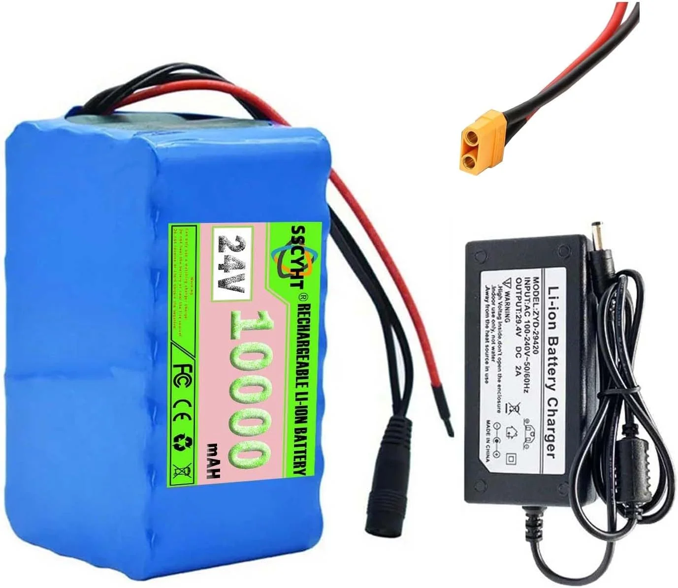بسته باتری لیتیوم یونی 24 ولت 10 آمپر ساعت 7S4P دوچرخه برقی با شارژر و BMS برای موتورهای 50 وات 150 وات 250 وات و اسکوتر تاشو با کانکتور XT60