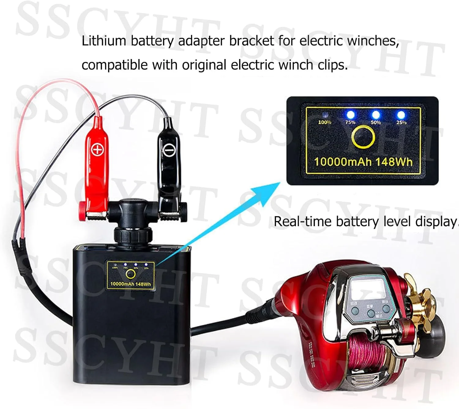 باتری لیتیومی 14.8 ولت 10000 میلی آمپر ساعت و 20000 میلی آمپر ساعت برای قرقره موتوری، وینچ قرقره ماهیگیری برقی به همراه شارژر + کابل 1.5 متری + پوشش + براکت تبدیل