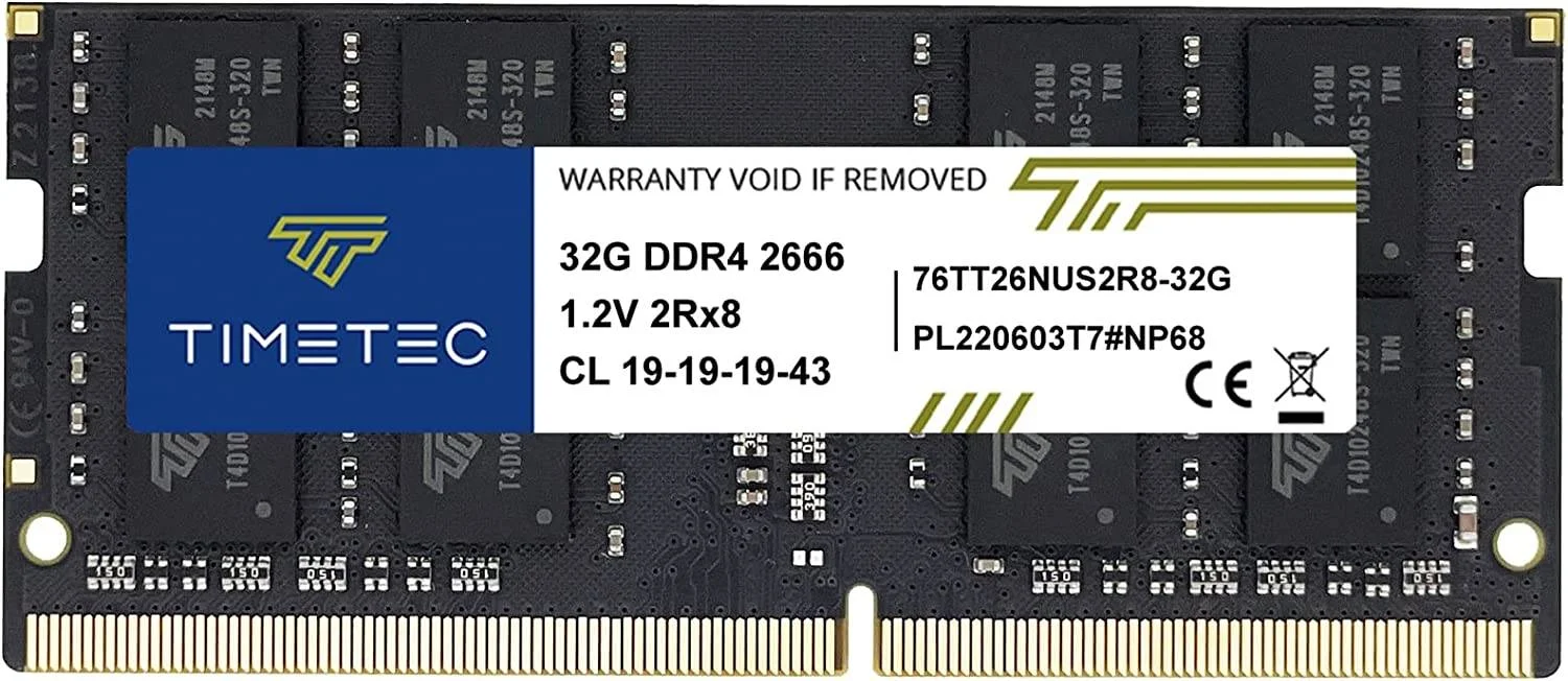 تایمتک 32 گیگابایت (1x32GB) DDR4 PC4-21300 حافظه لپ تاپ، سرعت حافظه 2666 مگاهرتز، تاخیر CL 19-19-19-43، رتبه دوگانه 2Rx8، ولتاژ 1.2، 260 پین، بدون ECC بدون بافر، مشکی | B07YXH7JNY