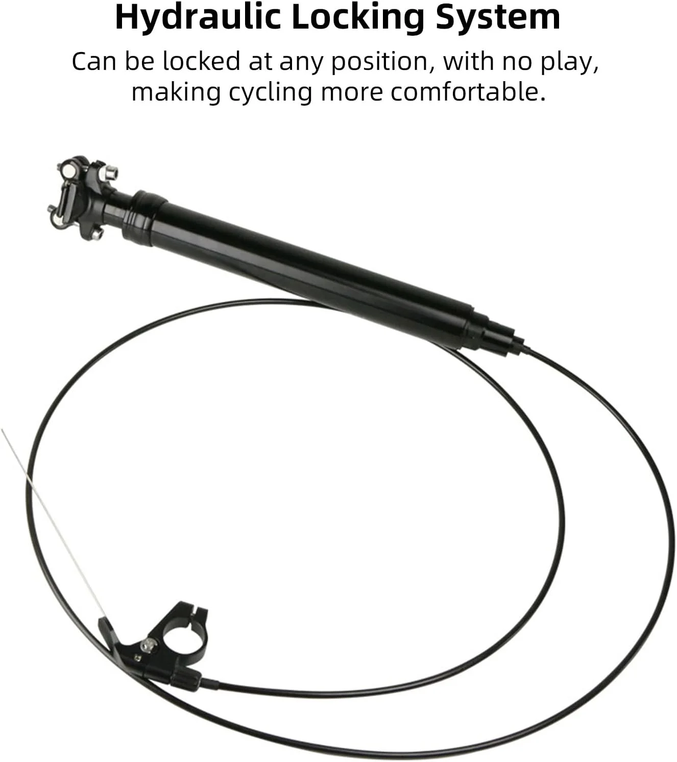 میله زین دوچرخه کوهستان، آلومینیومی، هیدرولیک با قفل و کنترل از راه دور، مناسب برای جاده، با دامنه حرکتی ۱۰۰ تا ۱۷۰ میلی‌متر