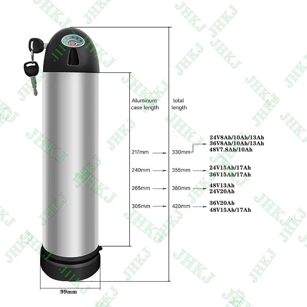 باتری لیتیومی بطری آب 24 ولت 15 آمپر ساعت، باتری لوله پایین 48 ولت 10 آمپر ساعت، باتری های دوچرخه برقی 36 ولت 20 آمپر ساعت برای کیت موتور 200W-800W با سوئیچ برق و شارژر