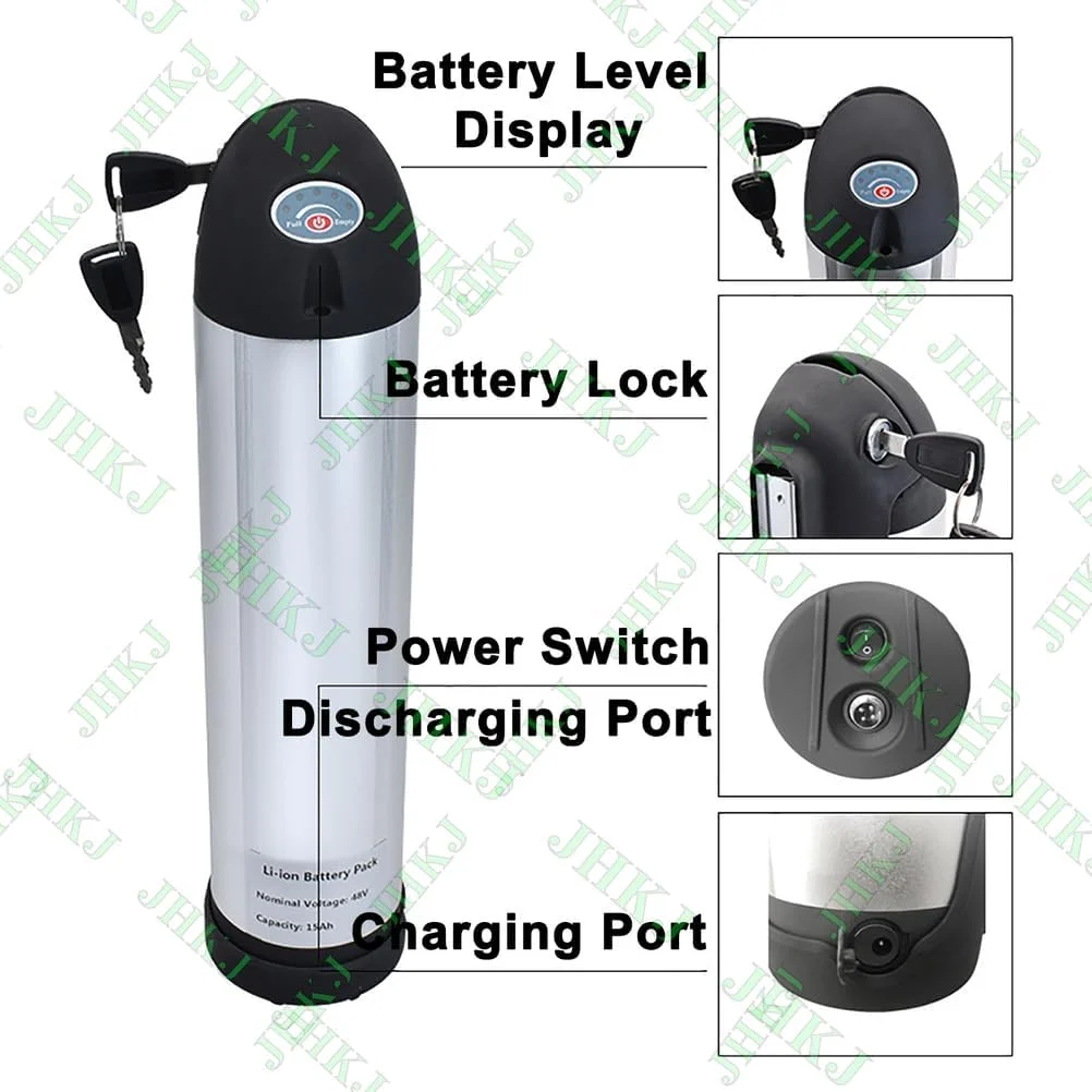 باتری لیتیومی بطری آب 24 ولت 15 آمپر ساعت، باتری لوله پایین 48 ولت 10 آمپر ساعت، باتری های دوچرخه برقی 36 ولت 20 آمپر ساعت برای کیت موتور 200W-800W با سوئیچ برق و شارژر