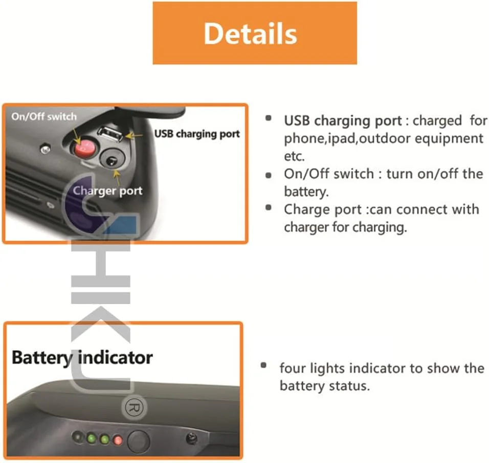 باتری لیتیومی 48 ولت 17.5 آمپر ساعت 15 آمپر ساعت و 36 ولت 8 آمپر ساعت 10 آمپر ساعت برای دوچرخه کوهستانی برقی با رابط USB و کلید برای کیت های تبدیل موتور 250 وات - 850 وات
