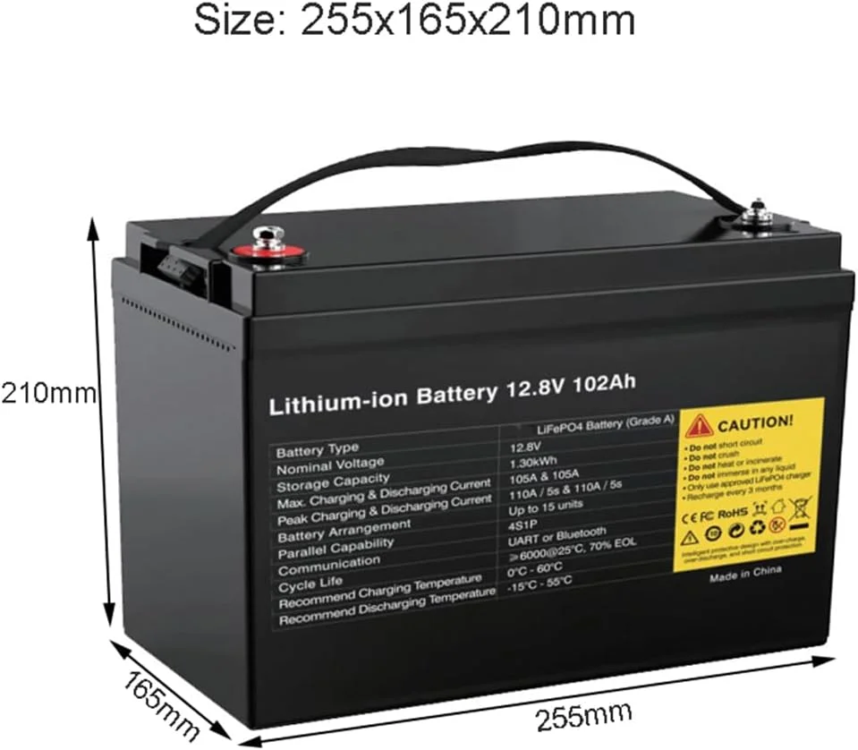 باتری لیتیوم آهن فسفات 12.8 ولت 102 آمپر ساعت مناسب برای جایگزینی باتری سه چرخه، موتور سیکلت، انرژی خورشیدی، سیستم اعلام خطر