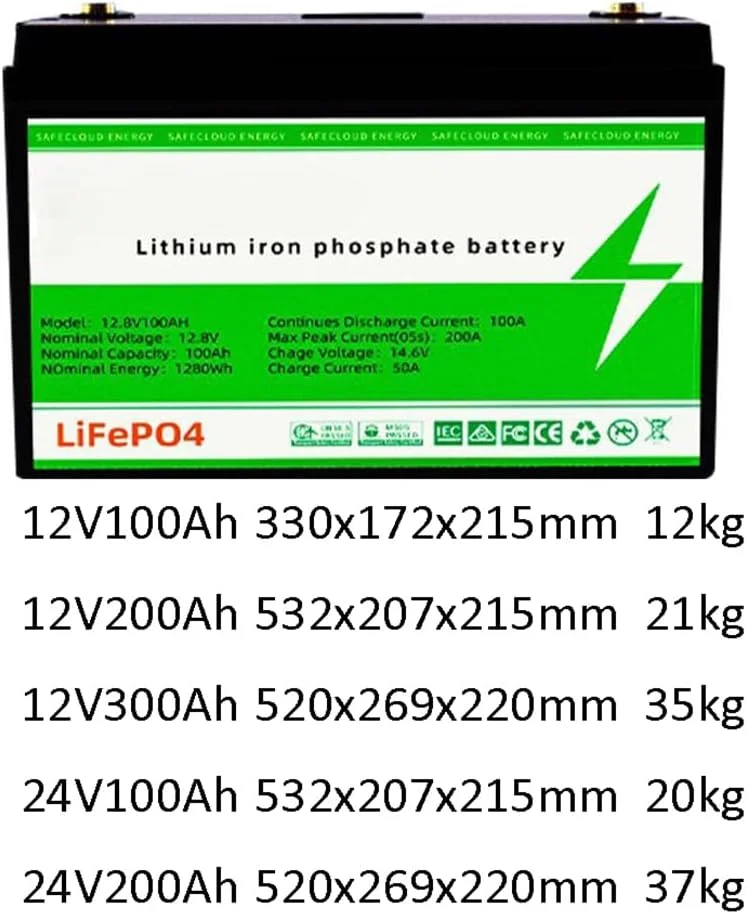 باتری فسفات آهن لیتیوم LiFePO4 با ظرفیت بالا 12 ولت 24 ولت 100 آمپر ساعت 200 آمپر ساعت، جایگزین باتری های اسید سرب برای RV، قایق، گلف کارت، قایق و ذخیره انرژی خانگی، 12 ولت، 100 آمپر ساعت