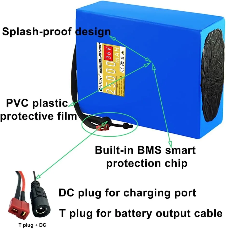 باطری لیتیومی PVC 36 ولت 25 آمپر ساعت باطری قابل تعویض به همراه شارژر، بسته باطری لیتیوم یون 36 ولت برای کیت های تبدیل موتور 900 وات