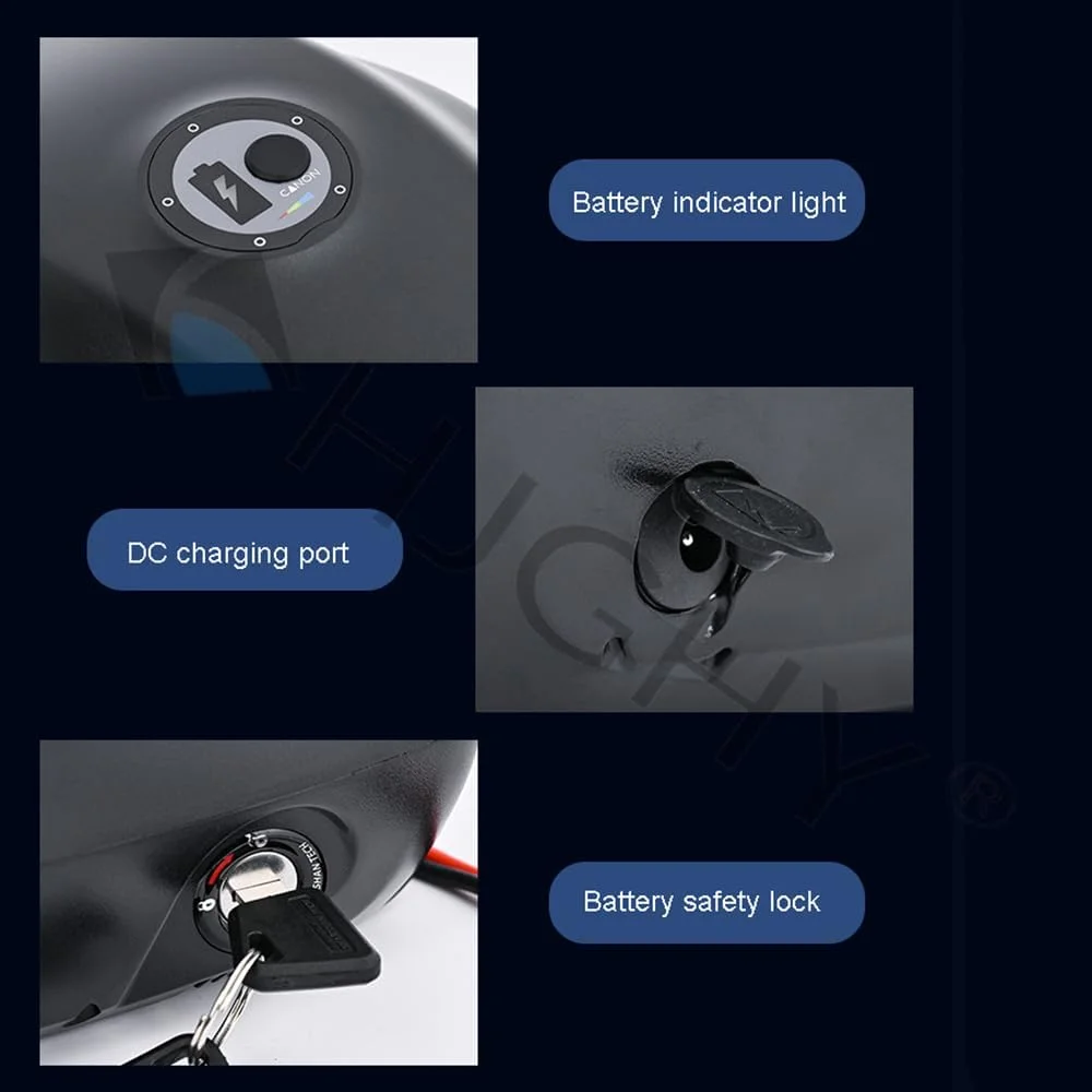 باطری لیتیوم یون 48 ولت 10 آمپر ساعت 15 آمپر ساعت 20 آمپر ساعت 25 آمپر ساعت 31.5 آمپر ساعت 35 آمپر ساعت مدل باک بنزین مناسب موتور سیکلت 48 ولت برای کیت موتور 250W-1700W به همراه سوئیچ و شارژر، 48 ولت، 20 آمپر ساعت