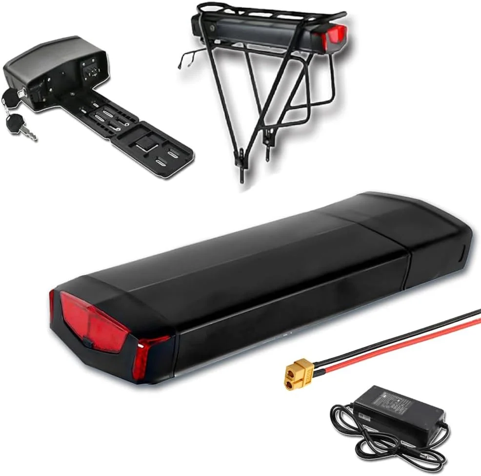 باطری لیتیومی دوچرخه برقی 36 ولت 10.4 آمپر ساعت، 13 آمپر ساعت، 15 آمپر ساعت، 17 آمپر ساعت با قفسه عقب برای موتور 650 وات 500 وات 250 وات، باطری دوچرخه برقی 48 ولت 10.4 آمپر ساعت، 13 آمپر ساعت، 13.6 آمپر ساعت با شارژر قفسه بار، X60، 36 ولت 13 آمپر ساعت