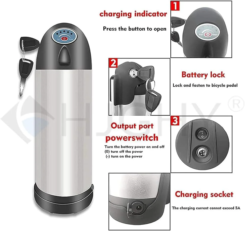 باتری لیتیومی 24 ولت طرح قمقمه ای برای دوچرخه برقی، 24 ولت 10 آمپر ساعت، 12 آمپر ساعت، 15 آمپر ساعت، 8 آمپر ساعت، باتری لیتیوم یونی طرح کتری با شارژر برای موتور دوچرخه تاشو 0-400 وات، W، 24 ولت 15 آمپر ساعت