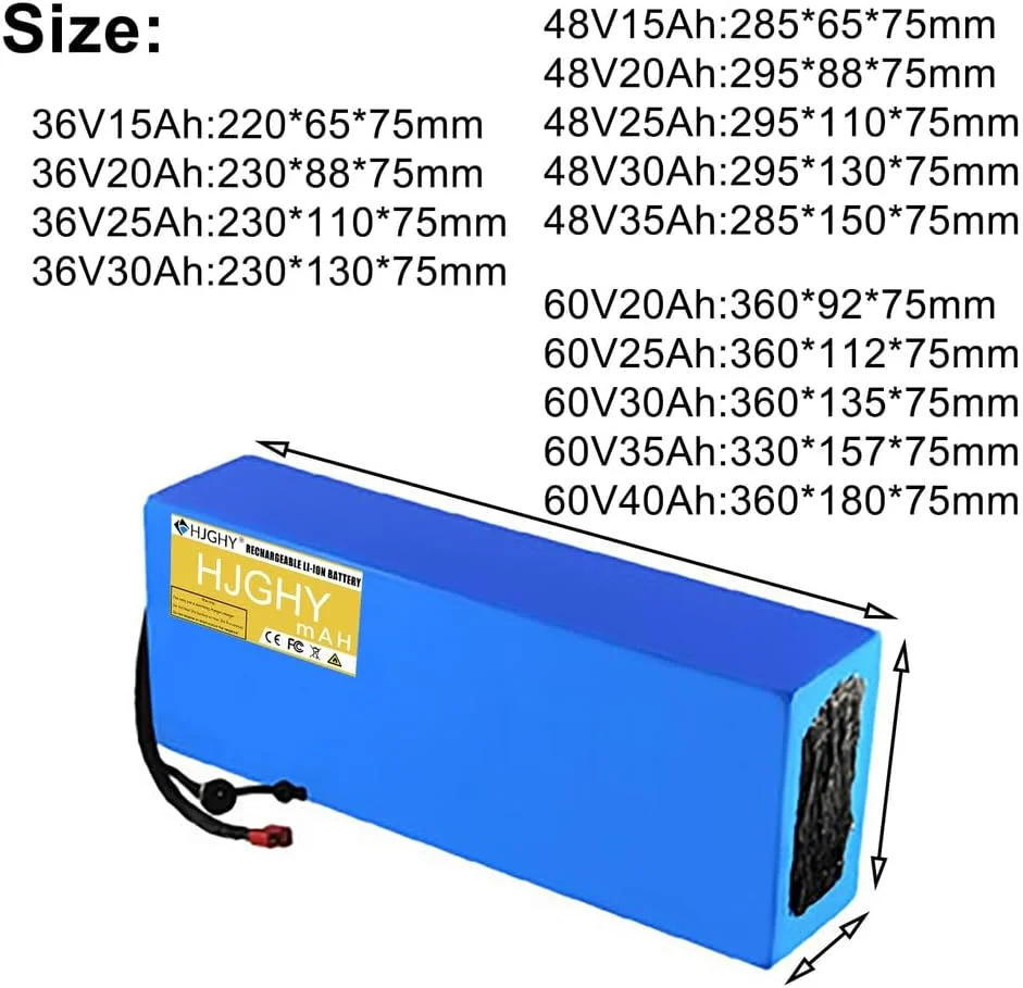 باتری لیتیومی PVC با ولتاژ 36، 48 و 60 ولت و ظرفیت 15، 20، 25، 30، 35 و 40 آمپر ساعت به همراه برد محافظ BMS و شارژر برای کیت موتورهای 540 تا 2400 وات