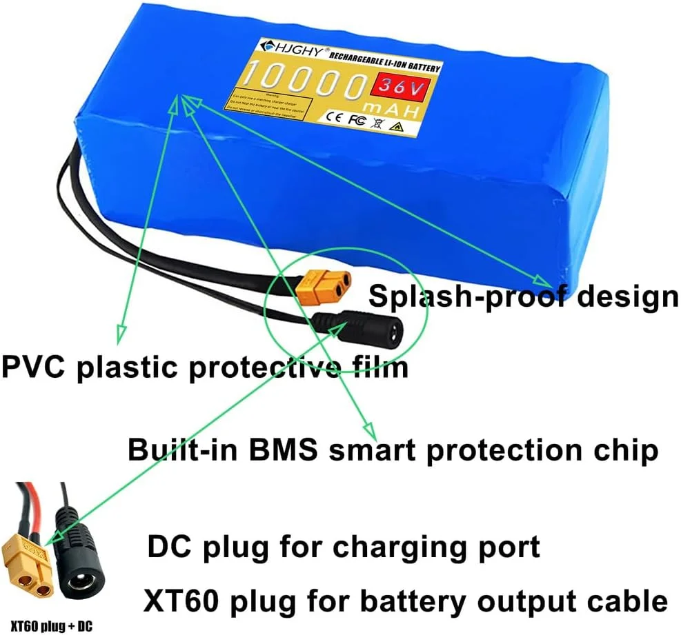 باطری لیتیوم یون 36 ولت 10 آمپر ساعت به همراه شارژر و برد محافظ BMS با پوشش PVC مناسب برای کیت موتور 360 وات