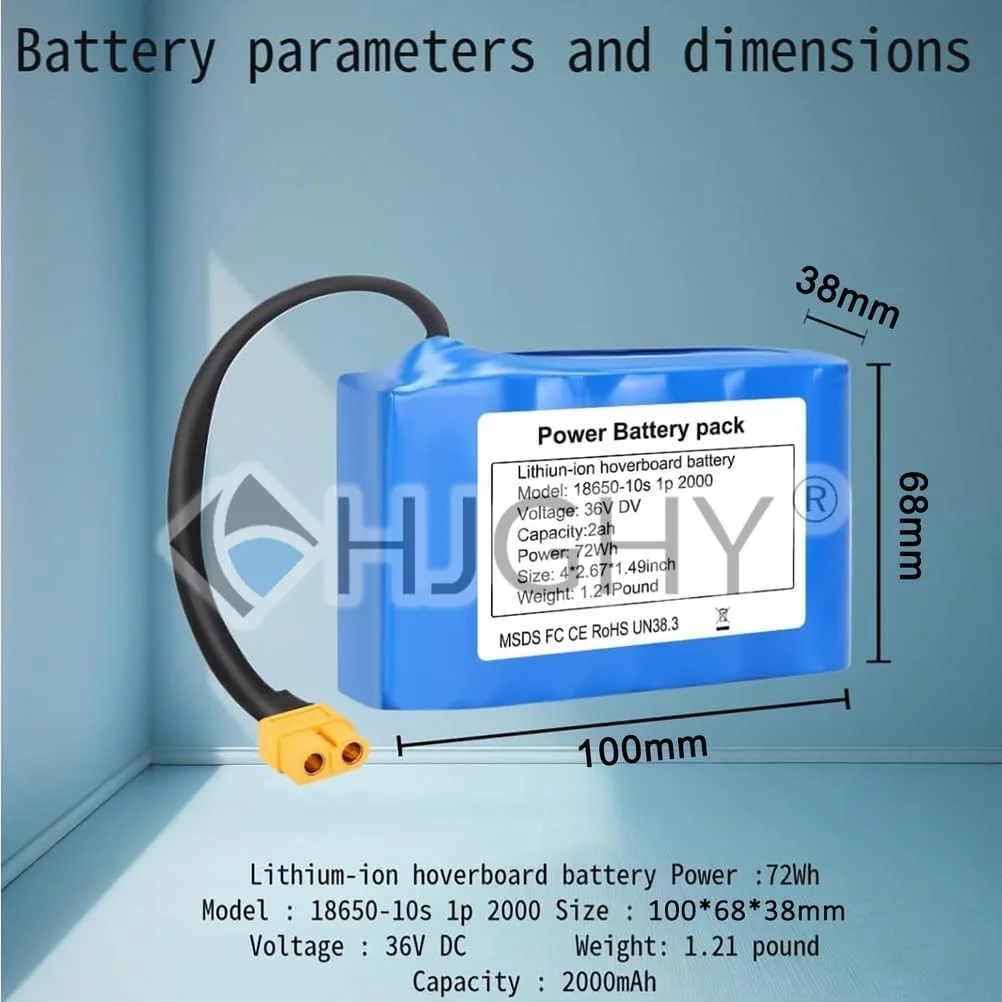 باتری 36 ولت 2 آمپر ساعت برای اسکوتر و هاوربرد، باتری لیتیوم یونی جایگزین 36 ولت 2000 میلی آمپر ساعت برای ماشین تعادلی/ماشین چرخشی/وسیله نقلیه معلق 72 وات