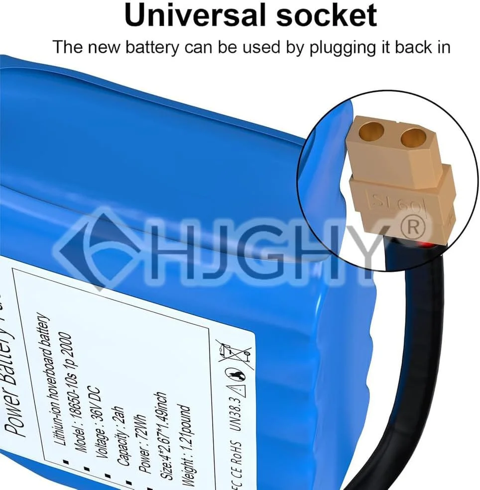 باتری 36 ولت 2 آمپر ساعت برای اسکوتر و هاوربرد، باتری لیتیوم یونی جایگزین 36 ولت 2000 میلی آمپر ساعت برای ماشین تعادلی/ماشین چرخشی/وسیله نقلیه معلق 72 وات