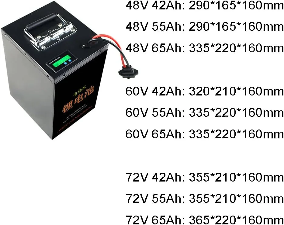 باتری لیتیوم یونی 60 ولت موتور سیکلت برقی 48 ولت 60 ولت 72 ولت 42 آمپر ساعت 55 آمپر ساعت 65 آمپر ساعت به همراه شارژر برای موتور برقی سه چرخه 0-5000 وات، 48 ولت، 55 آمپر ساعت