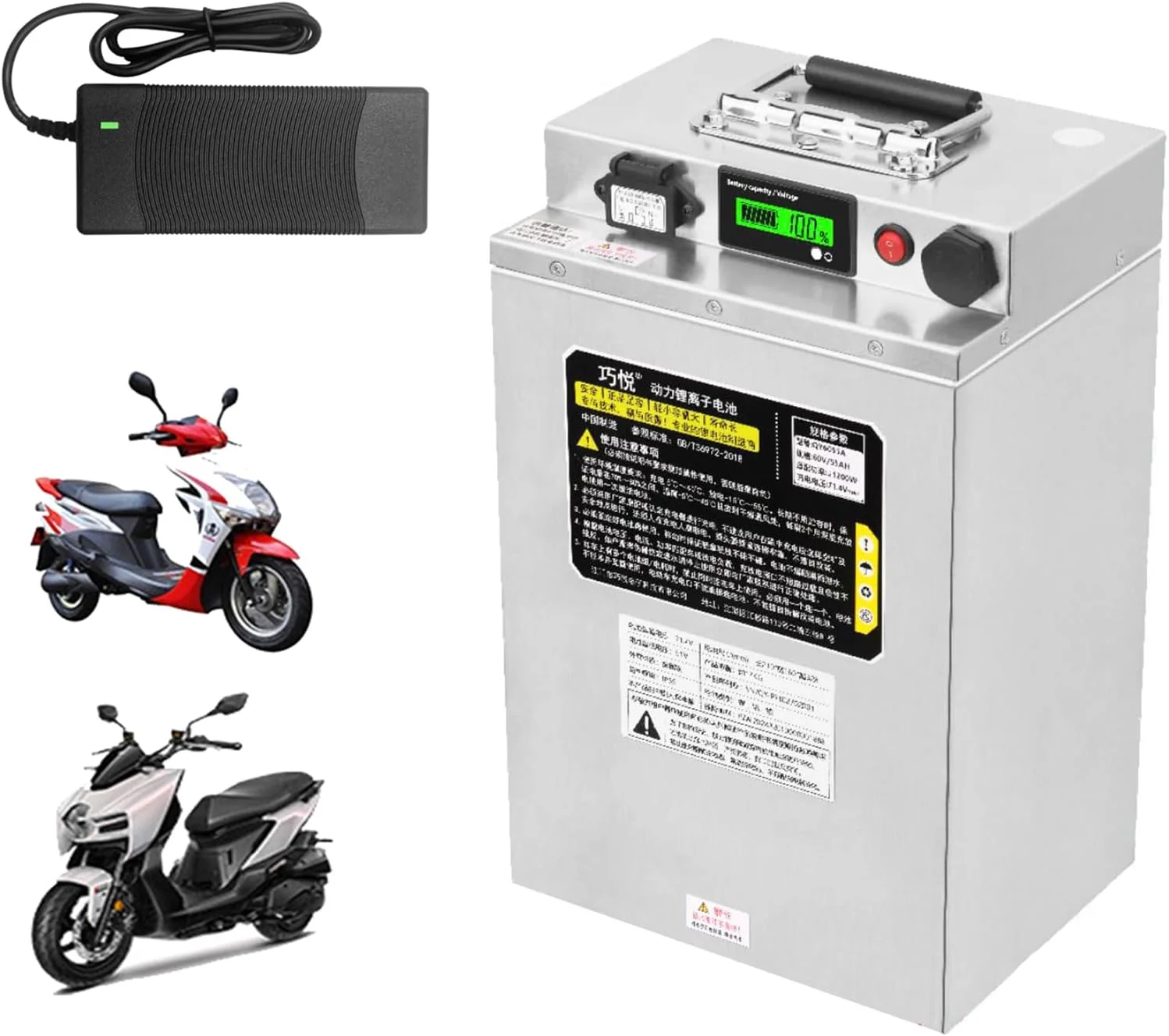باطری موتور سیکلت برقی 48 ولت 72 ولت 30 آمپر ساعت 35 آمپر ساعت 40 آمپر ساعت 45 آمپر ساعت، باطری قابل شارژ لیتیوم آهن فسفات LiFePO4، 60 ولت 30 آمپر ساعت 35 آمپر ساعت برای موتور 0-2700 وات به همراه شارژر، 48 ولت 45 آمپر ساعت