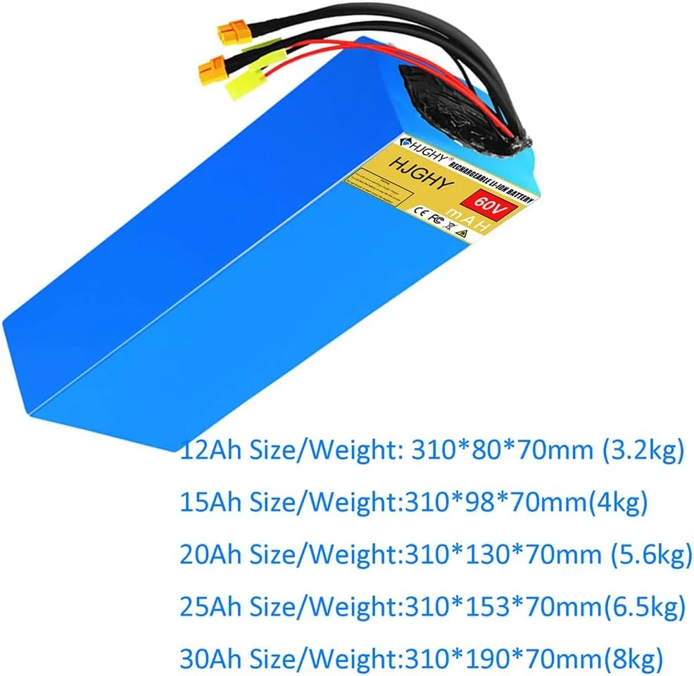 بسته باتری موتور سیکلت برقی 60 ولت، 60 ولت 12 آمپر ساعت، 15 آمپر ساعت، 20 آمپر ساعت، 25 آمپر ساعت، 30 آمپر ساعت لیتیوم یونی با شارژر برای موتور 0-1800 وات