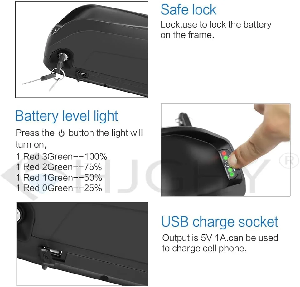 باطری لیتیوم یونی Ebike با لوله پایین 36 ولت 24 ولت 10 آمپر ساعت 13 آمپر ساعت 15 آمپر ساعت 17.5 آمپر ساعت 20 آمپر ساعت 52 ولت 48 ولت 10 آمپر ساعت 13 آمپر ساعت 15 آمپر ساعت 17.5 آمپر ساعت 20 آمپر ساعت با ظرفیت بالا برای دوچرخه برقی، 4 پین، 48 ولت 17.5 آمپر ساعت