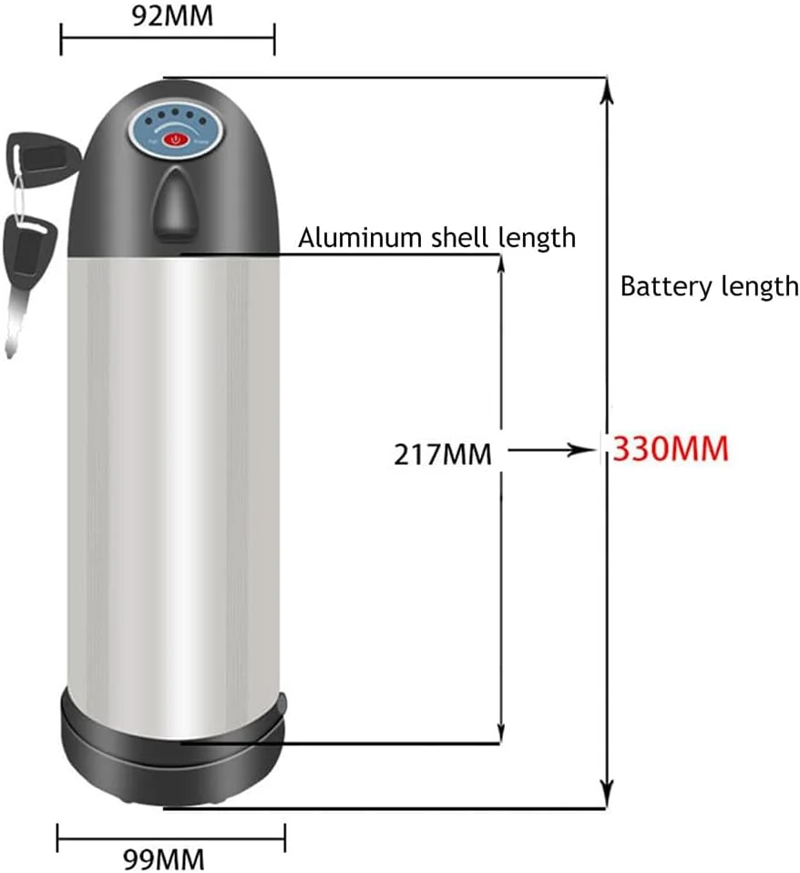 باتری قمقمه‌ای شکل دوچرخه برقی 48 ولت 8، 10، 13، 15 و 17.5 آمپر ساعت، بسته باتری لیتیومی نوع بطری دوچرخه برقی برای موتورهای 200، 500 و 850 وات به همراه شارژر، 48 ولت، 8 آمپر ساعت