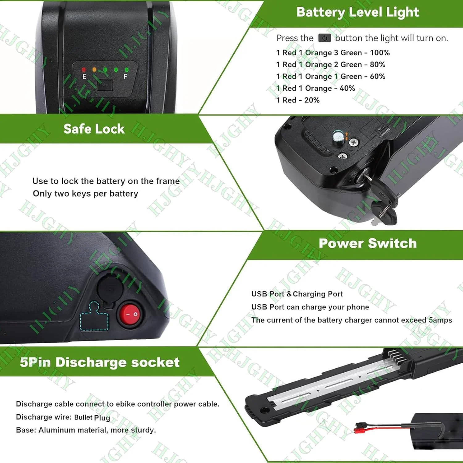 باتری لیتیوم-یونی 24 ولت 10 آمپر ساعت 13 آمپر ساعت، باتری‌های دوچرخه برقی 36 ولت 15 آمپر ساعت 17.5 آمپر ساعت، باتری لوله پایین 48 ولت 20 آمپر ساعت 24.5 آمپر ساعت قابل تعویض برای کیت‌های موتور 250 وات - 1100 وات