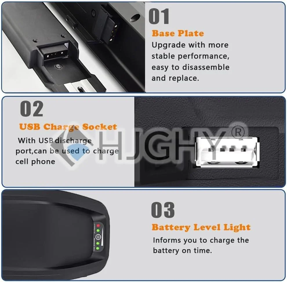 باتری لیتیوم-یونی 48 ولت 13 آمپر ساعت، 15 آمپر ساعت، 17.5 آمپر ساعت، 20 آمپر ساعت برای کیت های تبدیل موتور 620 وات - 960 وات، باتری های دوچرخه برقی 48 ولت با کلید