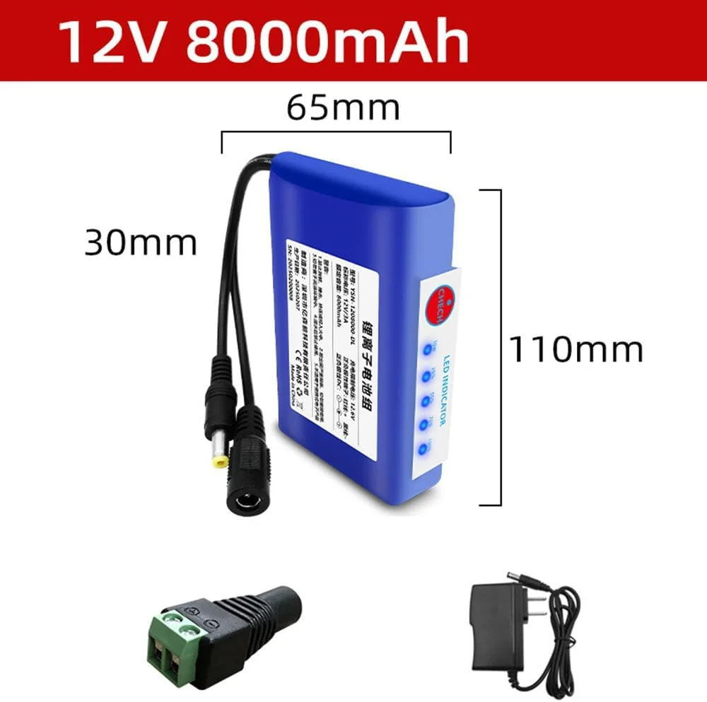 بسته باتری قابل شارژ 12 ولت 8000 میلی آمپر ساعت DC پلیمری لیتیوم یون قابل حمل به همراه شارژر و نمایشگر میزان شارژ برای اسپری برقی و لامپ خورشیدی