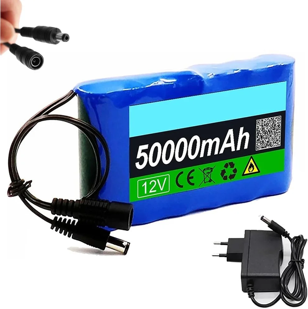 باتری لیتیوم-یون 12 ولت 50000 میلی آمپر ساعت، باتری قابل شارژ 50 آمپر ساعت PVC با محافظ BMS داخلی به همراه شارژر DC 12.6 ولت برای کیت های موتور 600 وات