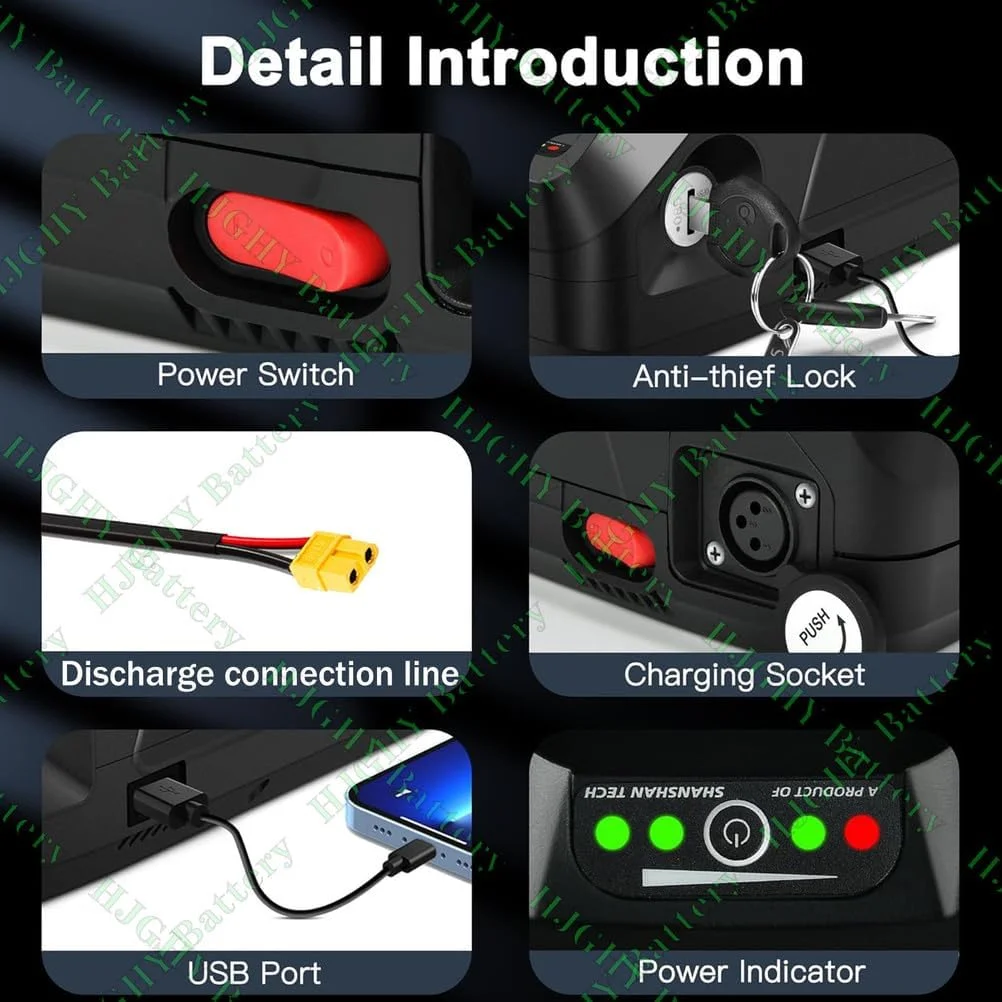 باتری دوچرخه برقی 24 ولت 20 آمپر ساعت 17.5 آمپر ساعت باتری لوله پایین 36 ولت 8 آمپر ساعت 10 آمپر ساعت باتری لیتیوم یون 48 ولت 13 آمپر ساعت 15 آمپر ساعت باتری های قابل تعویض با شارژر برای موتور 250 وات - 1100 وات