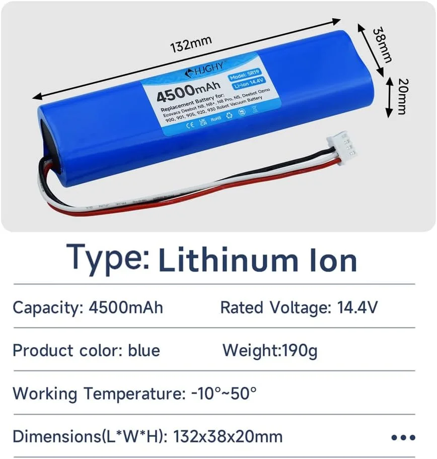 باتری جایگزین 14.4 ولت 4500 میلی آمپر ساعت برای جاروبرقی های مدل N8/N8+/N8 Pro/N5/900/901/905/920/930، باتری لیتیوم یونی 14.4 ولت با برد محافظ BMS