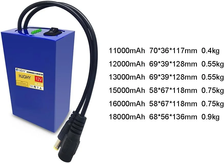 باتری لیتیوم یون قابل شارژ 12 ولت DC با ظرفیت 11000mAh، 12000mAh، 13000mAh، 15000mAh، 16000mAh، 18000mAh، باتری پشتیبان برای دستگاه های الکتریکی 12 ولت