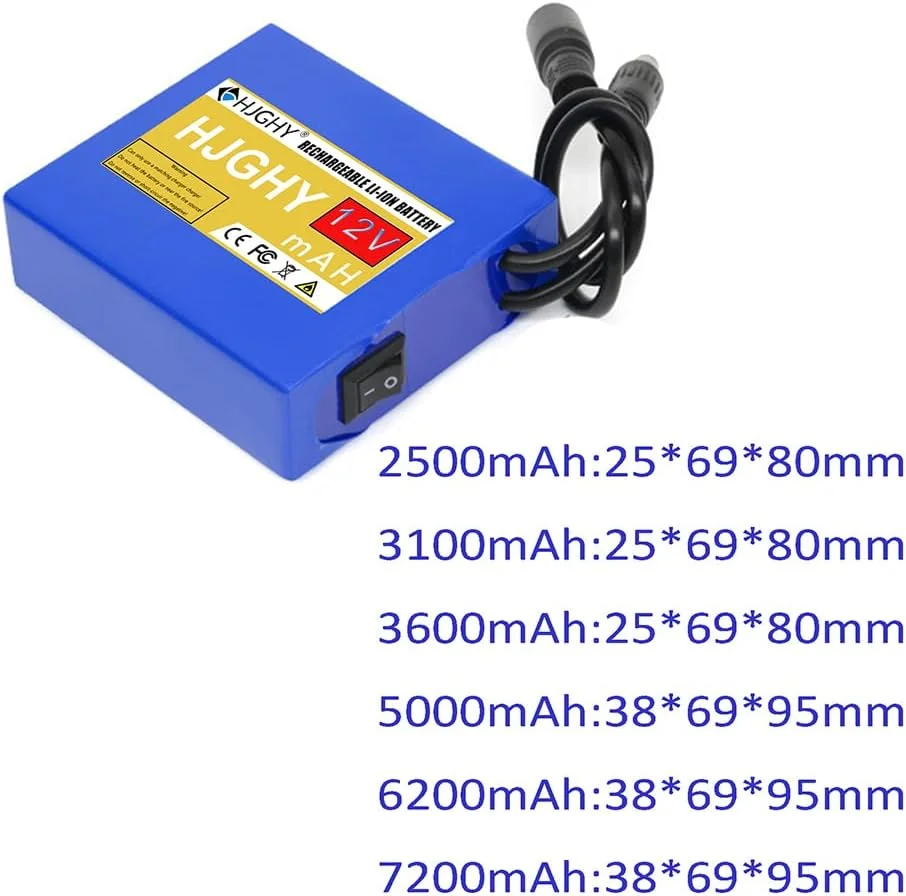 بسته باتری لیتیوم یون DC ولتاژ 12 با ظرفیت 2500mAh, 5000mAh, 10800mAh, 14400mAh, 25200mAh, 31000mAh, 36000mAh به همراه شارژر برای چراغ زنون، آمپلی فایر و سمپاش، 12 ولت، 7200mAh