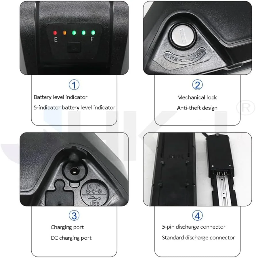 باتری دانتیوب ۲۴ ولت ۱۰ آمپر ساعت، ۱۳ آمپر ساعت، ۱۵ آمپر ساعت، ۱۷.۵ آمپر ساعت، ۲۰ آمپر ساعت ۳۶ ولت ۴۸ ولت ۱۰ آمپر ساعت، ۱۳ آمپر ساعت، ۱۵ آمپر ساعت، ۲۰ آمپر ساعت لیتیوم یون برای دوچرخه های برقی چرخ پهن به همراه صفحه ۵ پین، ۲۴ ولت، ۱۵ آمپر ساعت