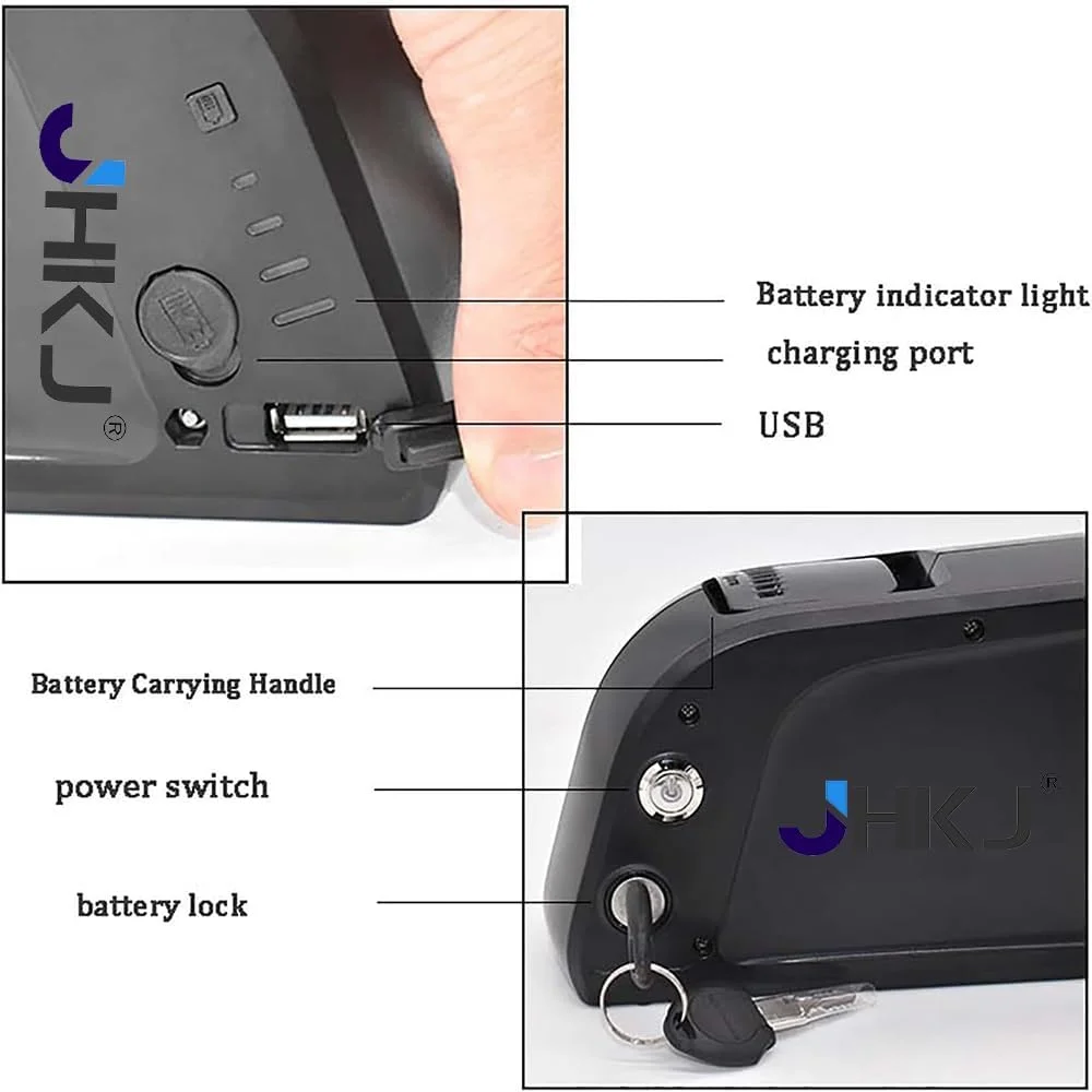 باطری لیتیوم یونی 48 ولت برای دوچرخه برقی، قابل نصب روی لوله پایین بدنه، با ظرفیت 10.4 آمپر ساعت، 12 آمپر ساعت و 13.6 آمپر ساعت، به همراه شارژر و پورت USB، مناسب برای موتورهای 0 تا 700 وات