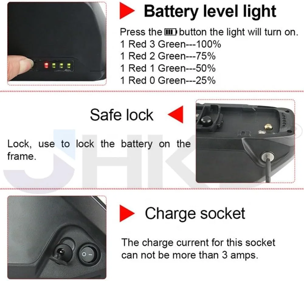 باطری ۳۶ ولت ۴۸ ولت دوچرخه برقی ۱۰.۴ آمپر ساعت ۱۳ آمپر ساعت ۱۵ آمپر ساعت ۱۸.۲ آمپر ساعت لیتیوم یون با شارژر و پایه نصب برای موتورهای دوچرخه کوهستانی ۰-۷۵۰ وات، ۴۸ ولت، ۱۳ آمپر ساعت