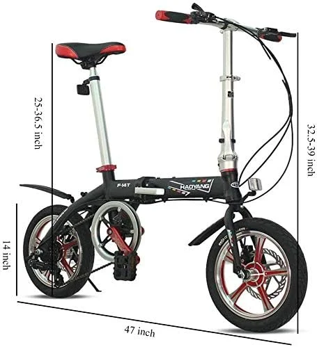 دوچرخه تاشو سبک وزن با طراحی ساده و مدرن، سایز 14 اینچ، 6 دنده، ترمز دیسکی دوبل، مناسب بزرگسالان، آقایان و بانوان، با فریم تقویت شده، مناسب تردد شهری (رنگ: مشکی)