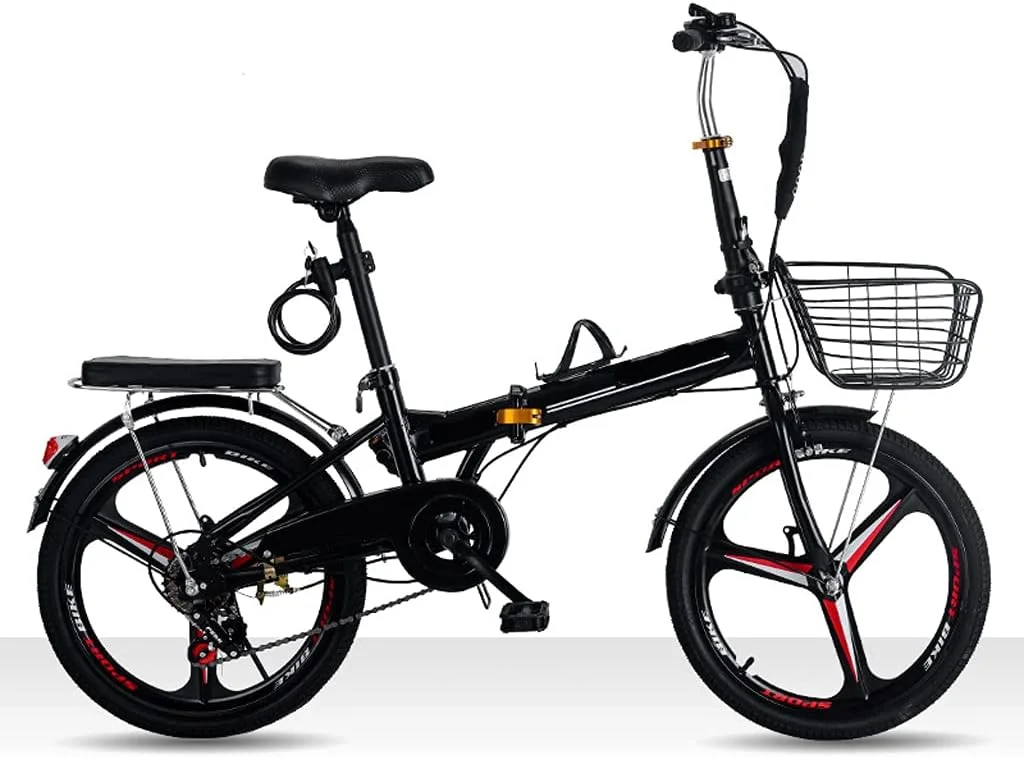 دوچرخه تاشو ساده و مد روز جوانان، فوق سبک، با سرعت متغیر، دوچرخه کوهستانی قابل حمل و سبک وزن 20 اینچی از فولاد کربنی (رنگ: تک چرخ تغییر سرعت مشکی)