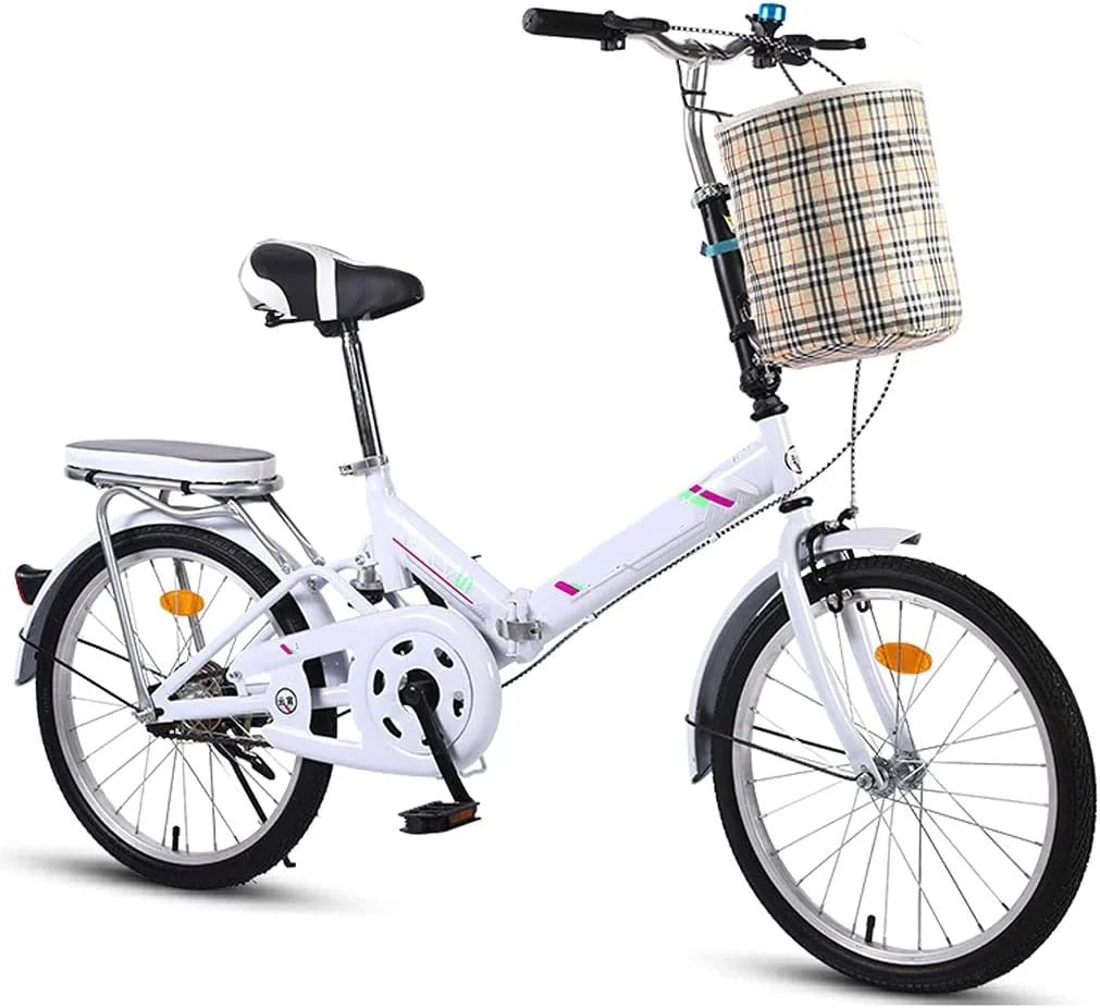 دوچرخه تاشو ساده و شیک فوق سبک قابل حمل کوچک با دنده متغیر 20 اینچی با قاب ضخیم تاشو سریع (رنگ: تک سرعته کمک فنر سفید، سایز: 16 اینچ)
