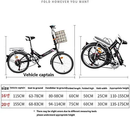 دوچرخه تاشو ساده و مد روز، فوق سبک، قابل حمل، کوچک، با سرعت متغیر، 20 اینچ، تاشو سریع، فریم ضخیم (رنگ: تک سرعته مشکی، سایز: 16 اینچ)