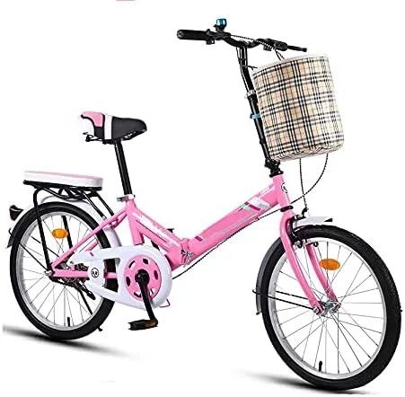 دوچرخه تاشو ساده و شیک فوق سبک قابل حمل کوچک با دنده متغیر 20 اینچی با قاب ضخیم تاشو سریع (رنگ: تک سرعته کمک فنر صورتی، سایز: 16 اینچ)