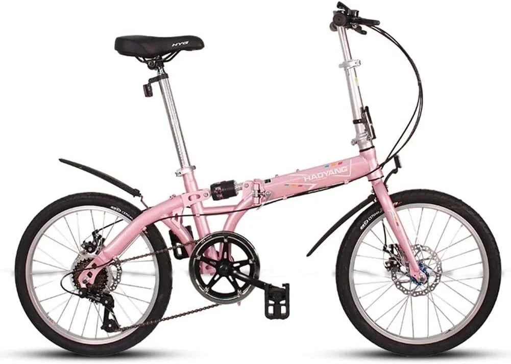 دوچرخه تاشو بزرگسالان، طراحی ساده و مدرن، 20 اینچ، 6 دنده، فولاد کربنی، سبک و قابل حمل، ترمز دیسکی دوبل، مناسب شهر (رنگ: صورتی)