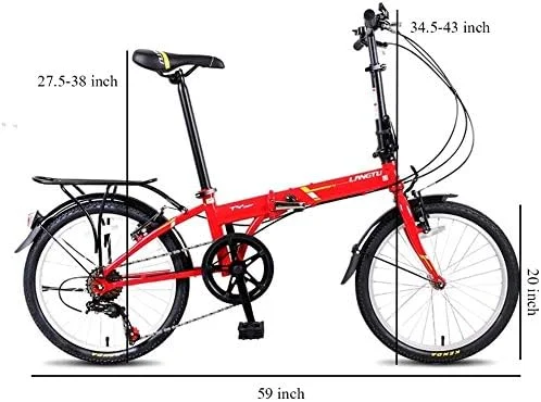 دوچرخه تاشو بزرگسالان با طراحی ساده و شیک، 20 اینچ، 7 دنده، سبک و قابل حمل، ساخته شده از فولاد کربنی با کیفیت، مناسب برای رفت و آمد شهری به همراه باربند عقب (رنگ: قرمز)