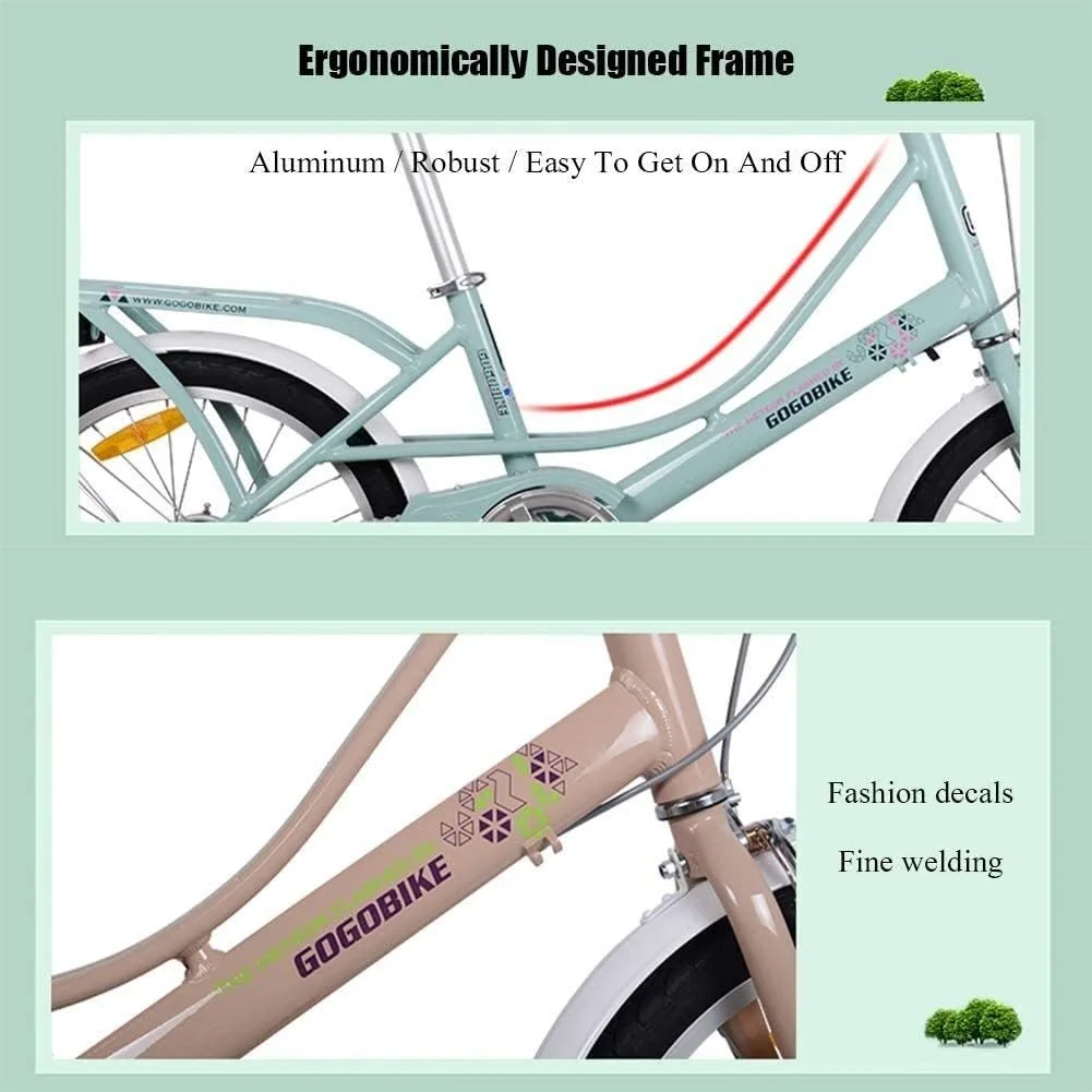 دوچرخه تاشو سبک وزن بزرگسالان 20 اینچی با طراحی ساده و شیک، دارای باربند عقب، تک سرعته، بدنه آلیاژ آلومینیوم (رنگ: خاکی)