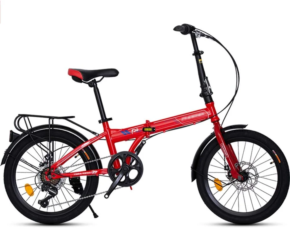 دوچرخه تاشو 20 اینچی با طراحی ساده و مدرن، 7 دنده، فریم فولادی با ارتفاع کم، به همراه گلگیر، زین راحت و ترک‌بند - قرمز