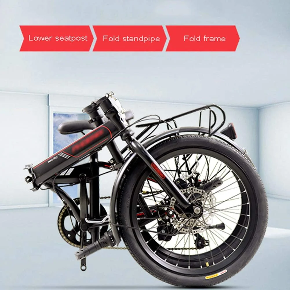 دوچرخه تاشو 20 اینچی با طراحی ساده و مدرن، 7 دنده، فریم فولادی با ارتفاع کم، به همراه گلگیر، زین راحت و ترک‌بند - قرمز