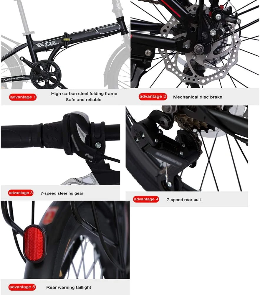 دوچرخه تاشو 20 اینچی با طراحی ساده و مدرن، 7 دنده، فریم فولادی با ارتفاع کم، به همراه گلگیر، زین راحت و ترک‌بند - قرمز