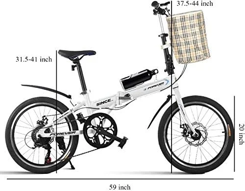 دوچرخه تاشو 20 اینچی با 7 دنده، سبک و قابل حمل، مناسب بزرگسالان و بانوان، ترمز دیسکی دوبل، فریم تقویت شده، دوچرخه رفت و آمد (رنگ: سفید)
